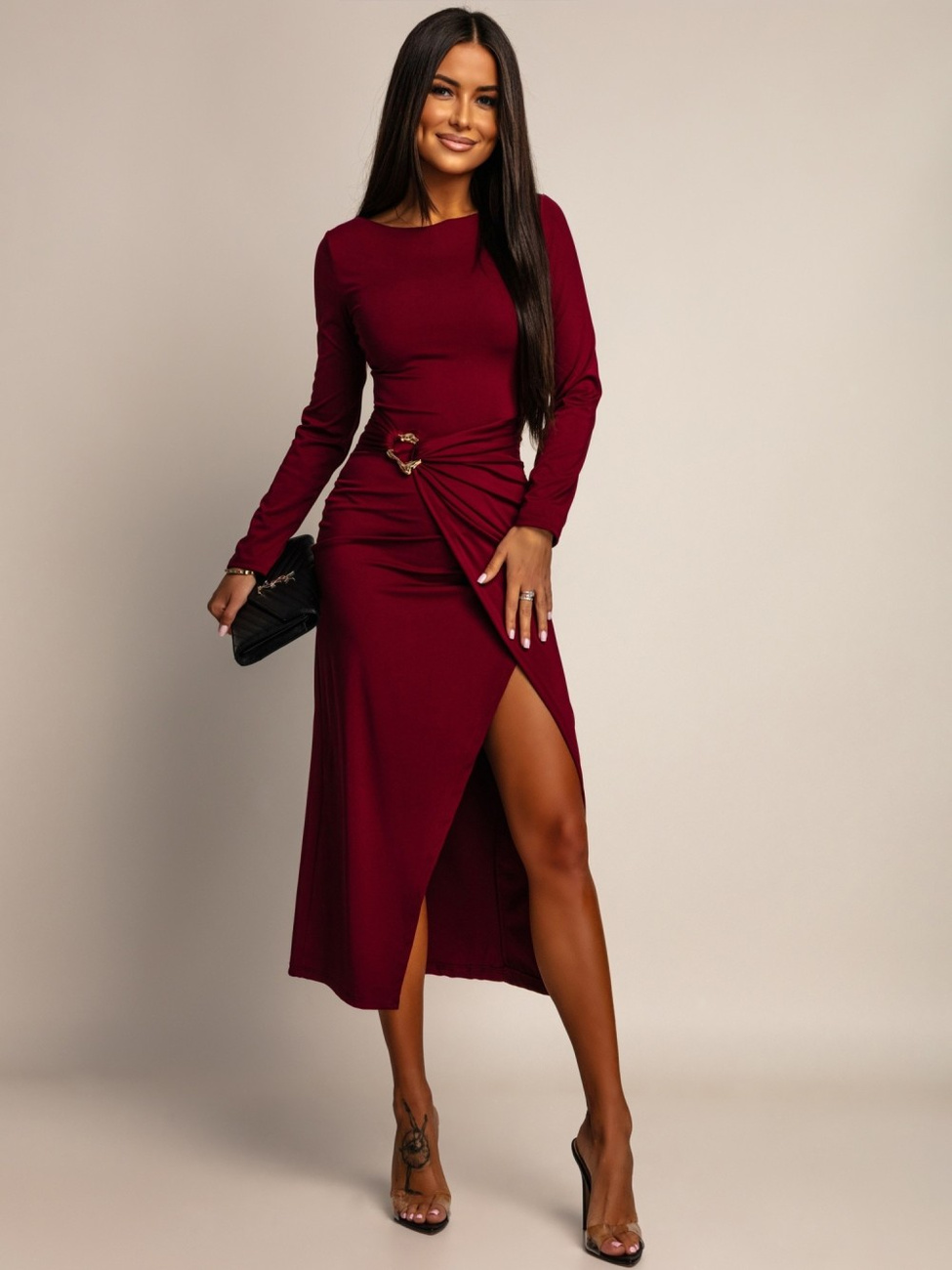 ELEGANCKA SUKIENKA MIDI ZE ZDOBIENIEM Ananya bordowy