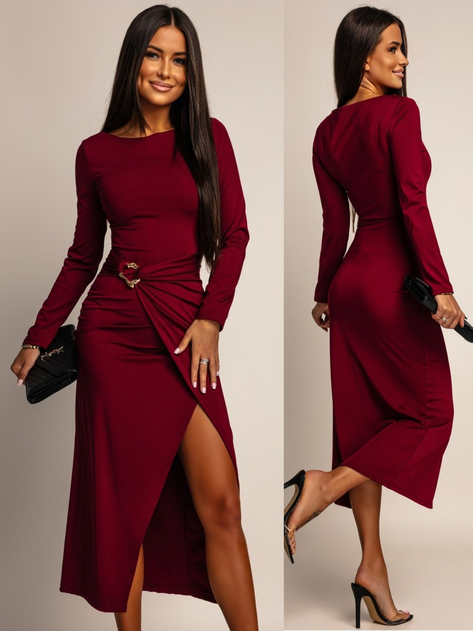 ELEGANCKA SUKIENKA MIDI ZE ZDOBIENIEM Ananya bordowy